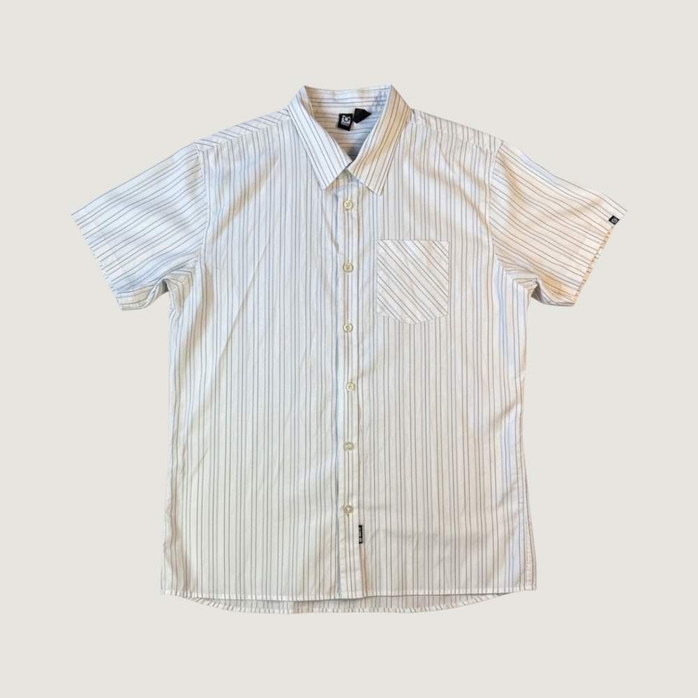 Rusty Mens Short Sleeve Button Down Shirt White Grey Striped Surf Casual Large